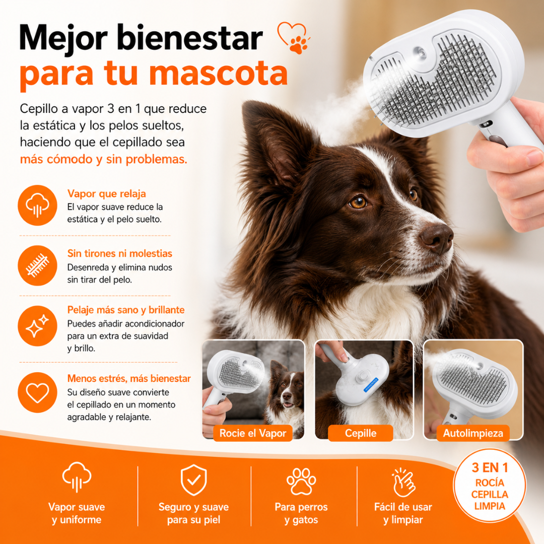 Cepillo Vapor Perros  Elimina Nudos, Pelos y Masajea