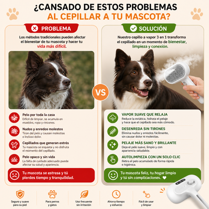Cepillo Vapor Perros  Elimina Nudos, Pelos y Masajea